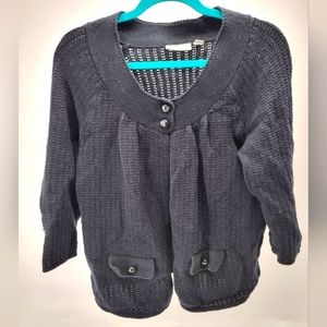 Croft Barrow Womens Open Knit Black Button Up Cardigan Sweater Size XL 1/2 Sleev